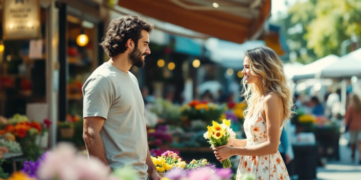 How To Stop Feeling Inferior Around Beautiful Women (Mindset Hacks) 24 A Shy, Young Middle Eastern Man In A Simple T-Shirt Feels Inferior At A Bustling Farmers Market, Observing A Beautiful, Confident Caucasian Woman In A Sundress Buying Flowers On A Bright, Sunny Morning.