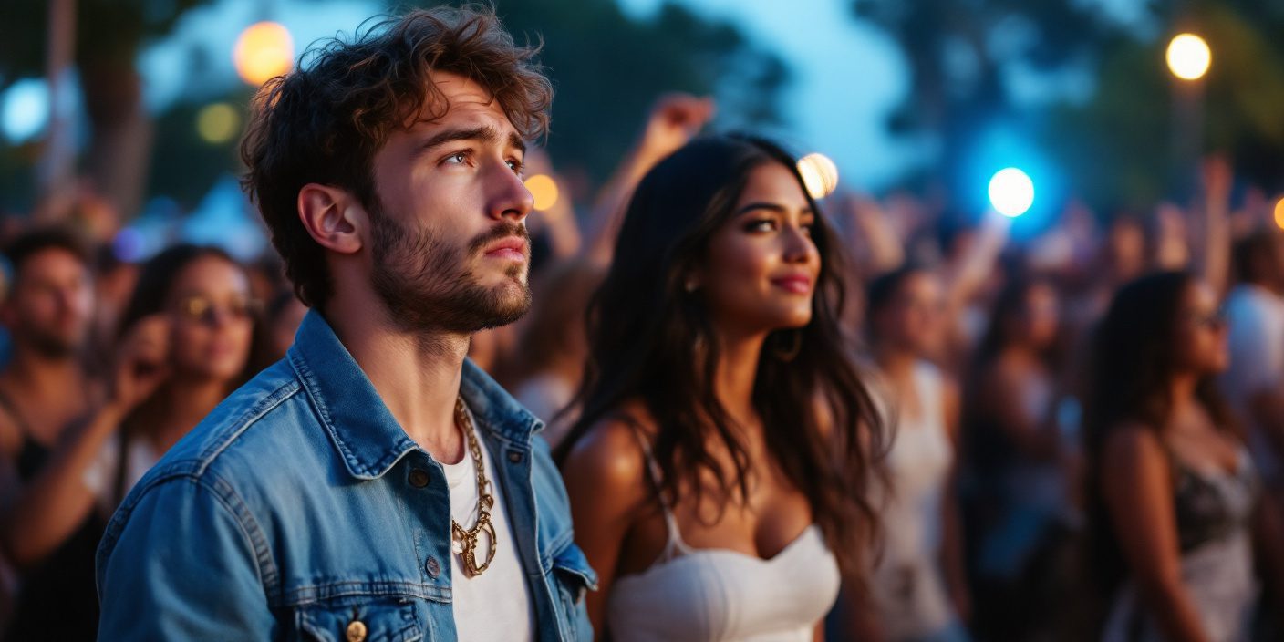 How To Stop Feeling Inferior Around Beautiful Women (Mindset Hacks) 23 A Worried, Young Caucasian Man In A Denim Jacket Feels Inferior At A Vibrant Music Festival, Observing A Beautiful Indian Woman With Long, Dark Hair Dancing Freely In The Crowd On A Warm Summer Evening.