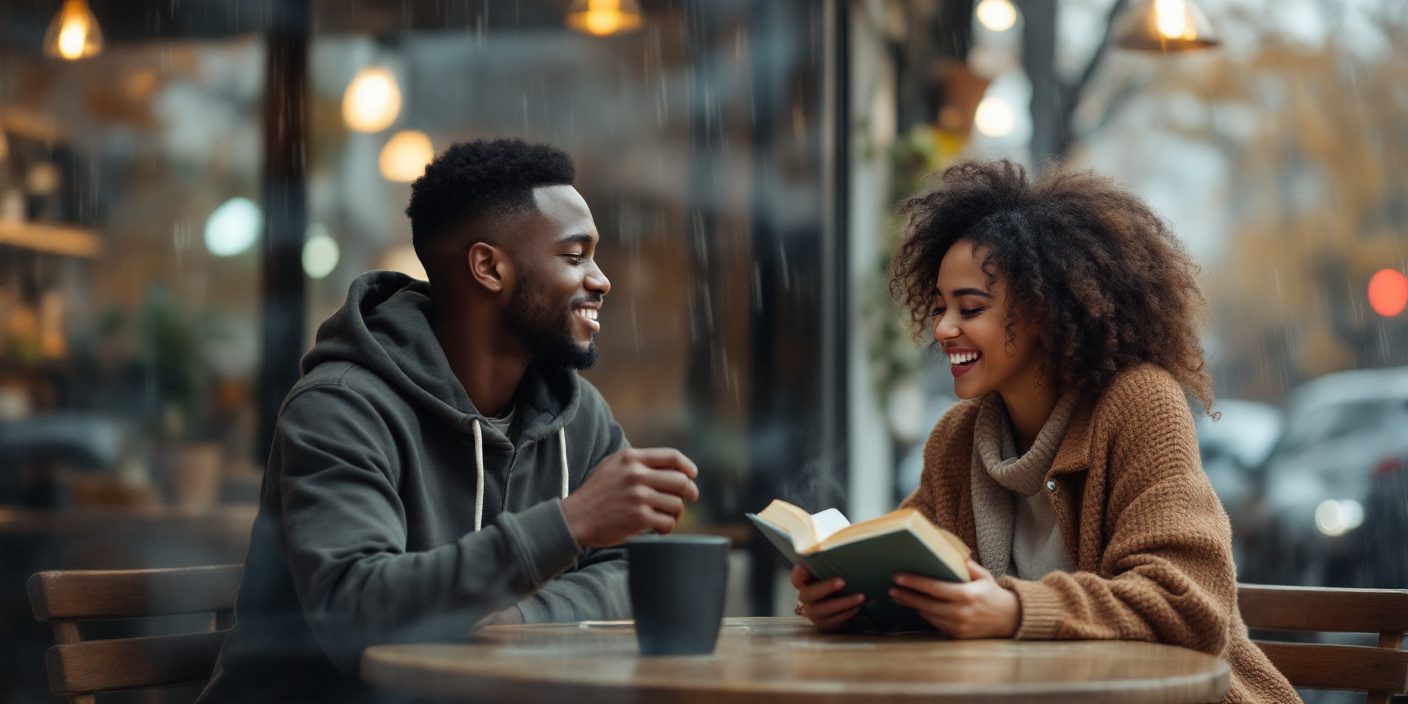 How To Stop Feeling Inferior Around Beautiful Women (Mindset Hacks) 25 A Hesitant, Young African Man In A Hoodie Feels Inferior At A Cozy Coffee Shop, As He Watches A Beautiful Latina Woman With Curly Hair Laughing Over A Book With A Friend On A Rainy Autumn Day.