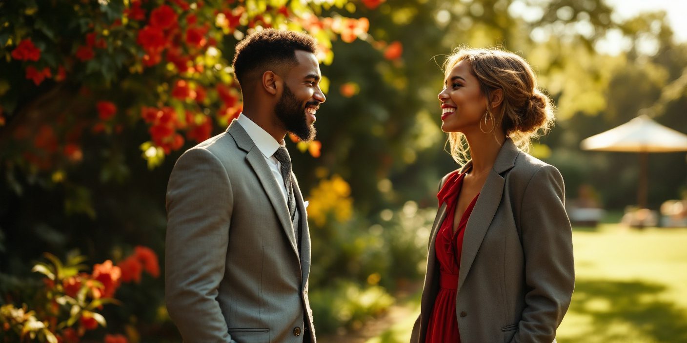 Developing Positive Masculinity: How To Lead, Inspire &Amp; Succeed With Women 38 A Young, Confidente Caucasian Man In His Late 20S, Wearing A Rumpled Gray Suit, Stands Awkwardly At A Summer Garden Party, Feeling Inferior As He Watches A Stunning African American Woman In A Flowing Red Dress Laugh Confidently With Other Guests.