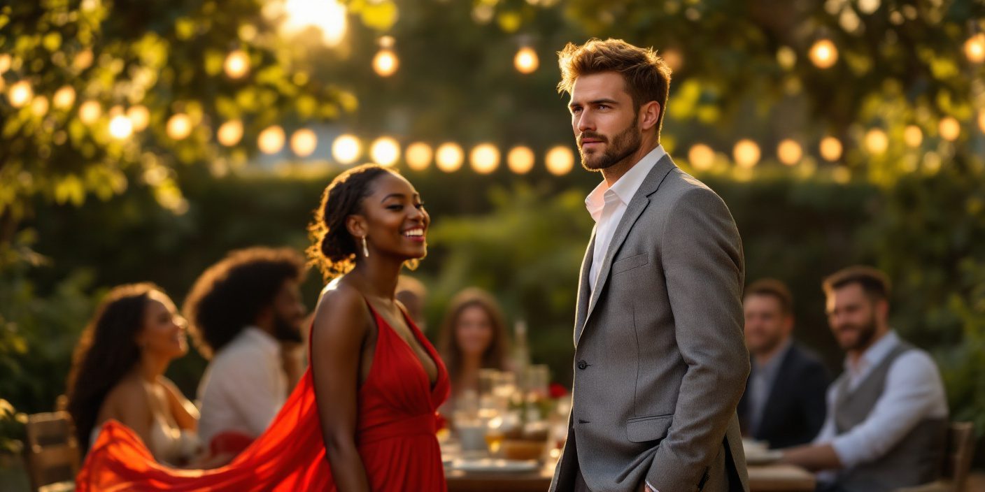 Developing Positive Masculinity: How To Lead, Inspire &Amp; Succeed With Women 37 A Young, Secure Caucasian Man In His Late 20S, Wearing A Rumpled Gray Suit, Stands Awkwardly At A Summer Garden Party, Feeling Inferior As He Watches A Stunning African American Woman In A Flowing Red Dress Laugh Confidently With Other Guests.