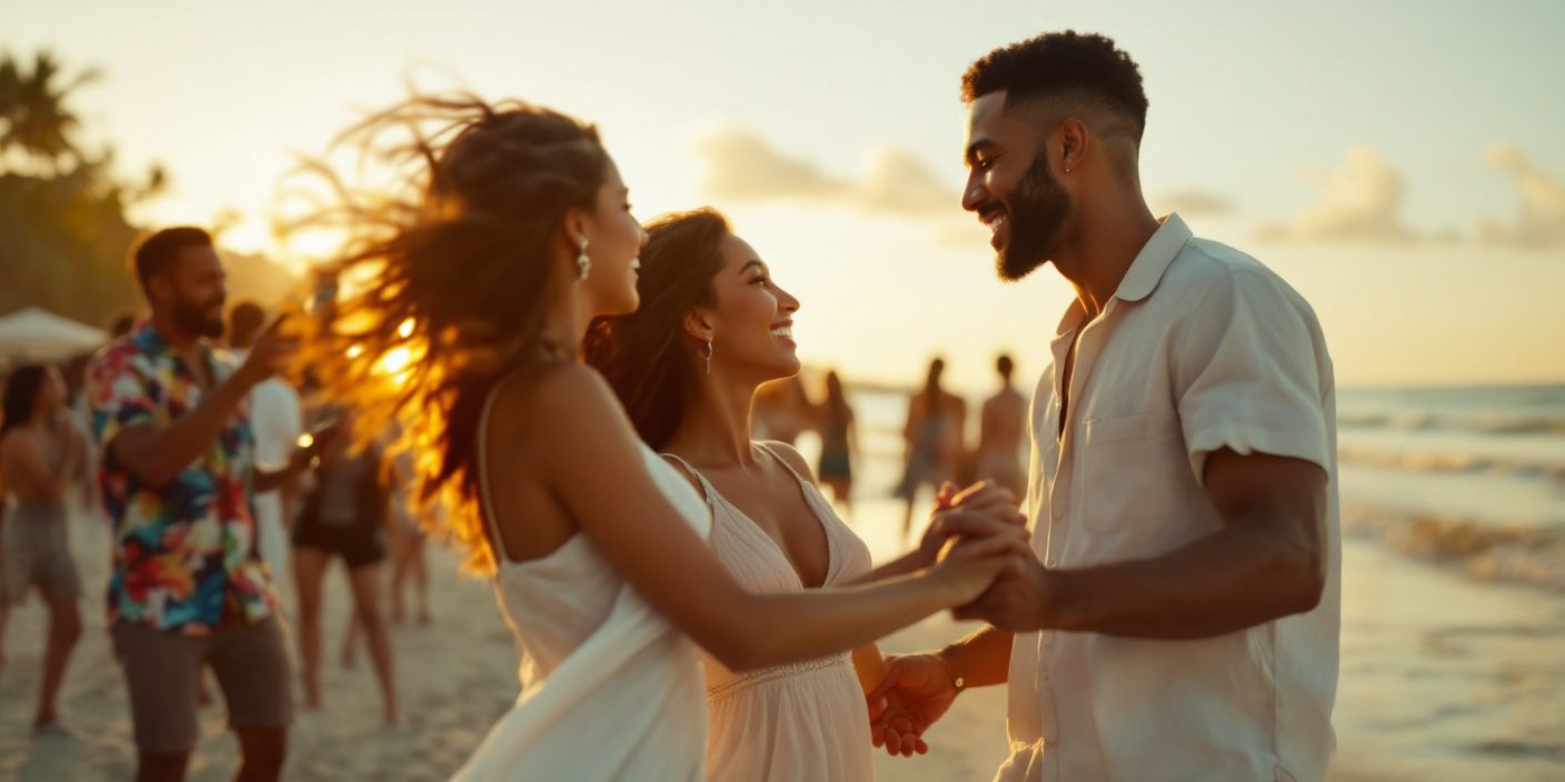Developing Positive Masculinity: How To Lead, Inspire &Amp; Succeed With Women 36 A Young Middle Eastern Couple Dancing At A Lively Beach Party At Sunset, With A Black Male Friend Filming Them With His Phone; The Woman Wears A Flowing White Dress, The Man A Linen Shirt, And Their Friend A Colorful Hawaiian Shirt.