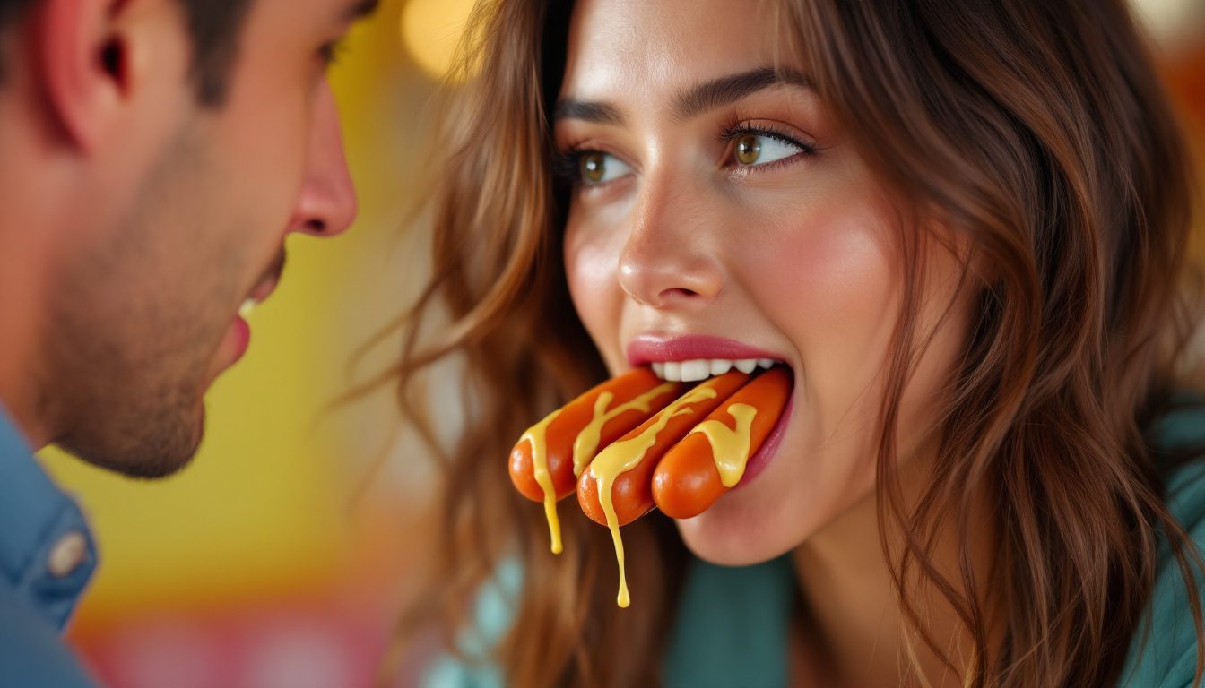 How To Handle Dating A Woman With A Complicated Past: Overcoming Insecurities 20 A Light-Skinned Sexy Woman, Around 20 Years Old, With Long, Dark Brown Hair. She Is Wearing A Teal-Colored Shirt. The Woman Has Several Hot Dogs Stuffed In Her Mouth, With One Appearing To Be Bitten Off. A Small Amount Of Mayonese Liquid Is Dripping From The Hot Dogs.