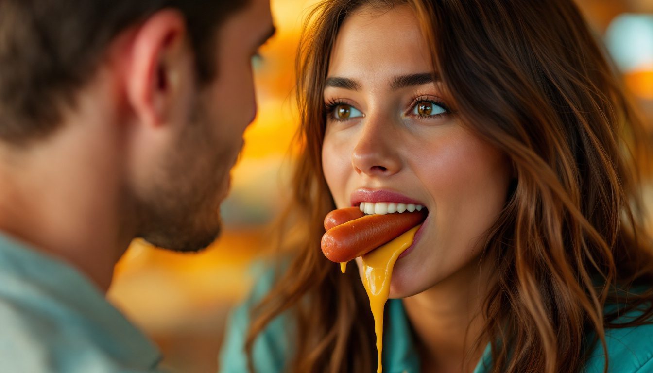 How To Handle Dating A Woman With A Complicated Past: Overcoming Insecurities 18 A Light-Skinned Sexy Woman, Around 20 Years Old, With Long, Dark Brown Hair. She Is Wearing A Teal-Colored Shirt. The Woman Has Several Hot Dogs Stuffed In Her Mouth, With One Appearing To Be Bitten Off. A Small Amount Of Mayonese Liquid Is Dripping From The Hot Dogs.