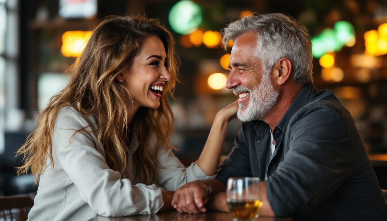 How To Know If A Younger Woman Likes You: 12 Clear Signs Of Attraction 30 A Younger Woman Laughing And Touching An Older Man’s Arm While Engaged In Conversation, Showing Attraction