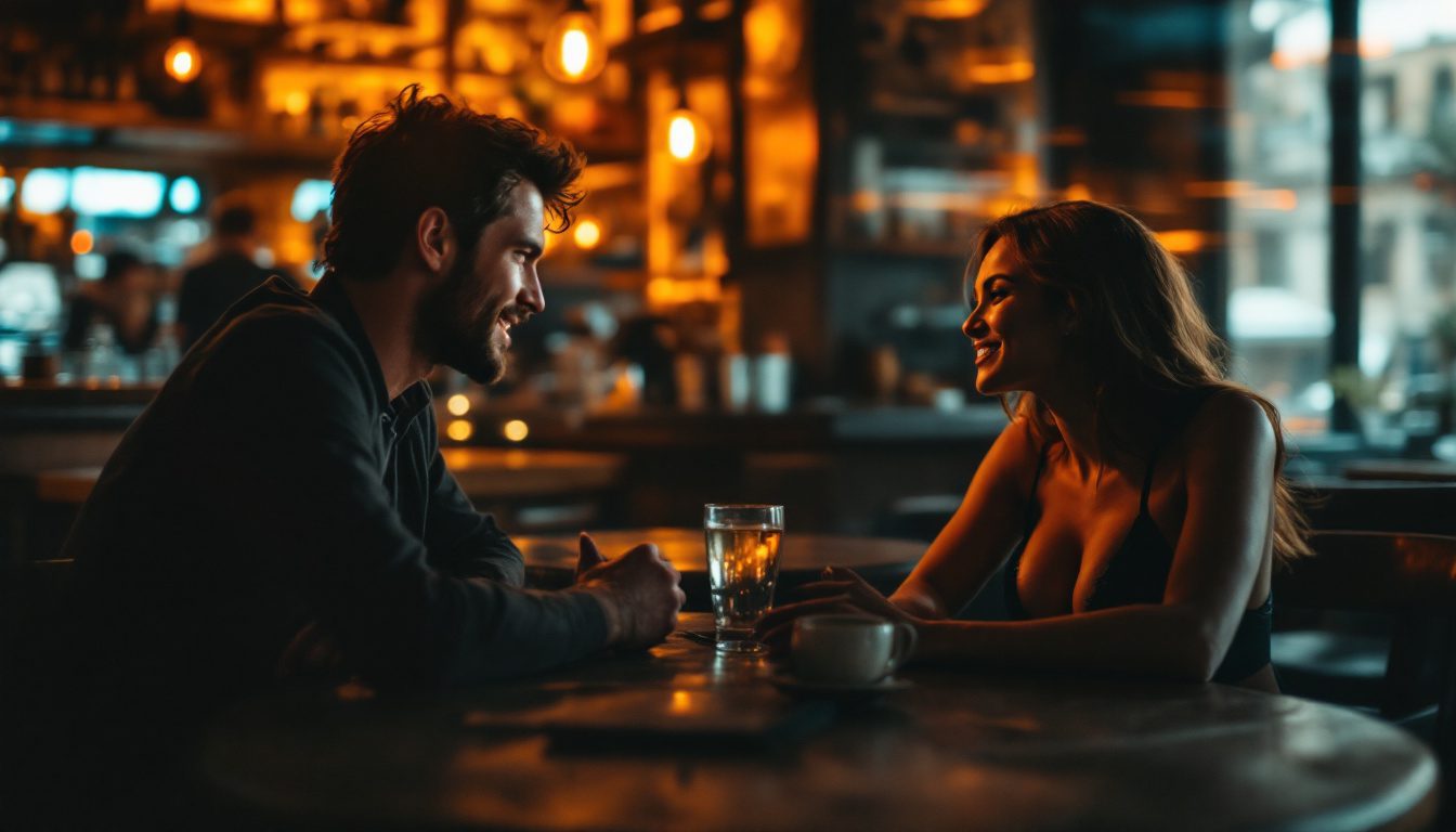 How To Master Storytelling To Attract Women And Build Instant Connection 20 A Confident Man Using Storytelling To Attract A Woman In A Cozy Setting, Building Deep Emotional Connection.