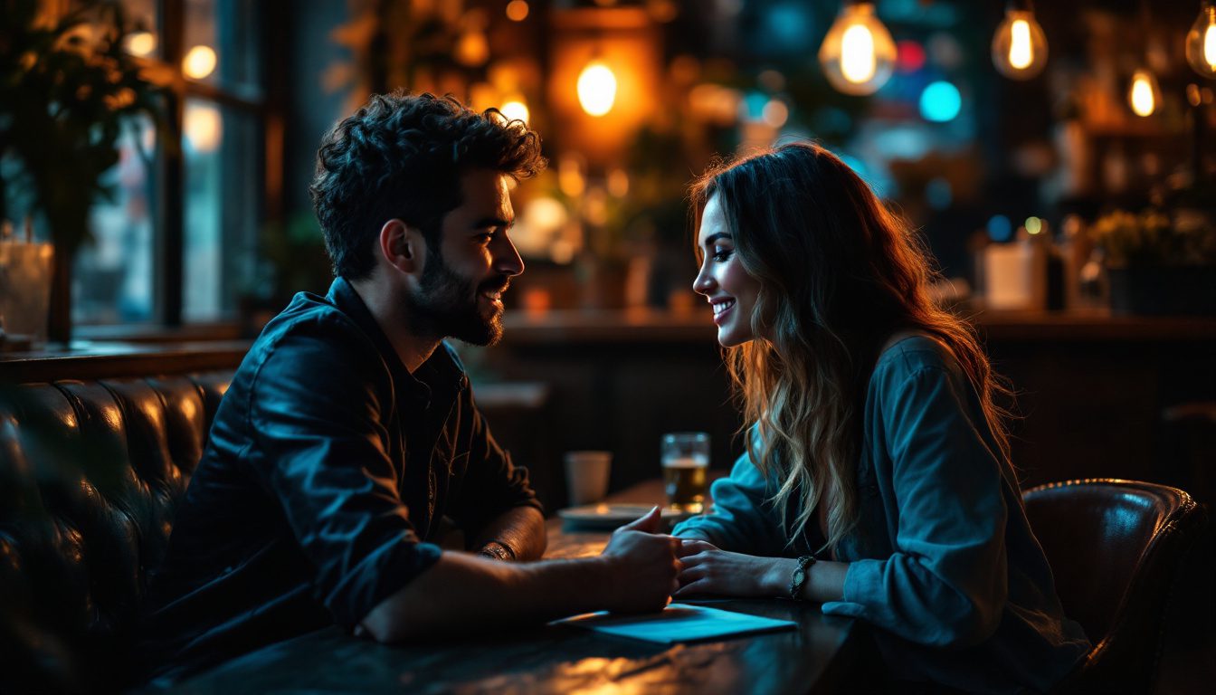 How To Master Storytelling To Attract Women And Build Instant Connection 23 A Confident Man Using Storytelling To Attract A Woman In A Cozy Setting, Building Deep Emotional Connection.