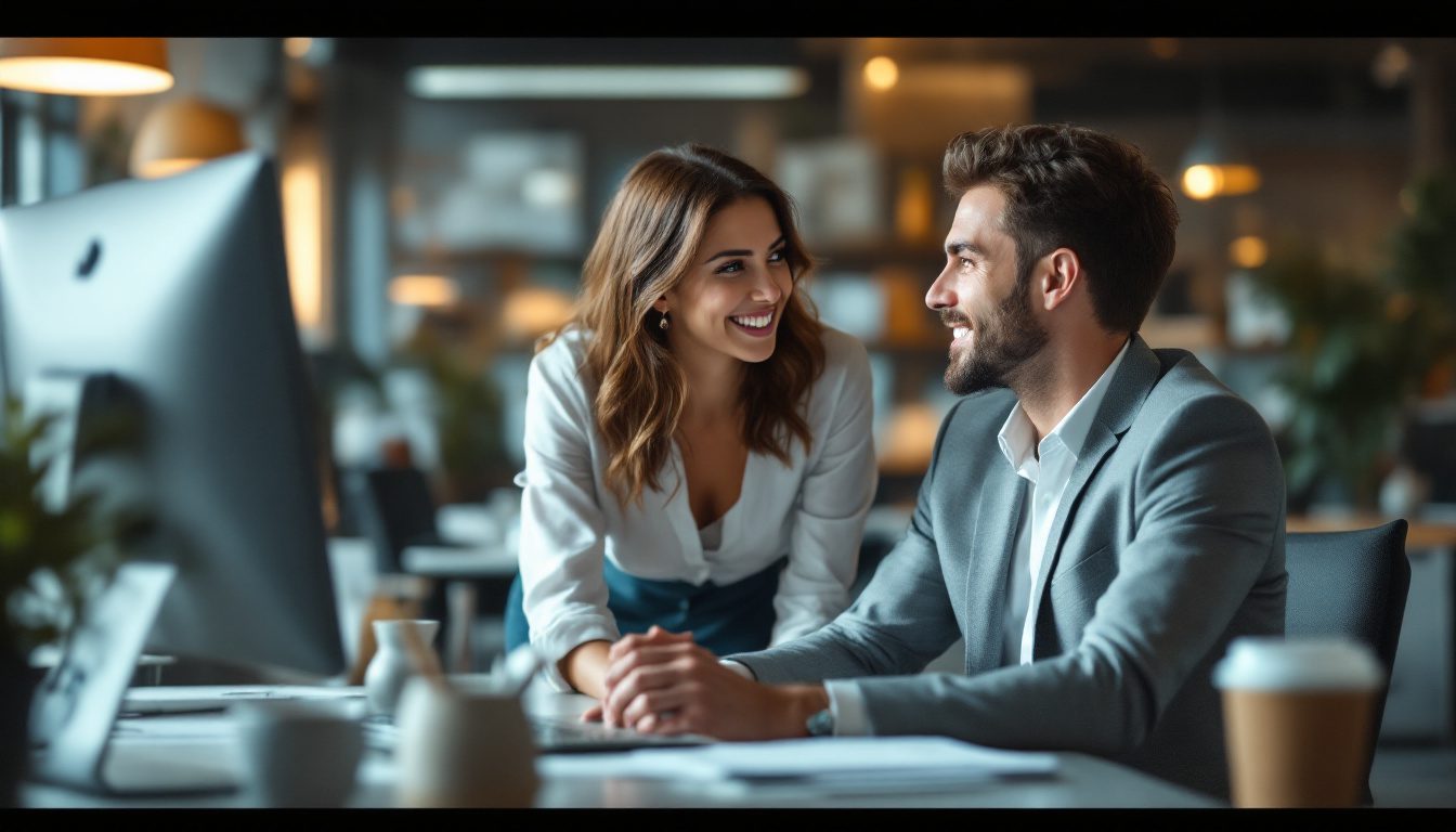 Workplace Attraction: How To Know If Your Female Coworker Has A Crush On You 38 Signs Of Workplace Attraction: A Female Coworker Subtly Flirts With A Male Colleague Through Body Language And Eye Contact In A Professional Setting.