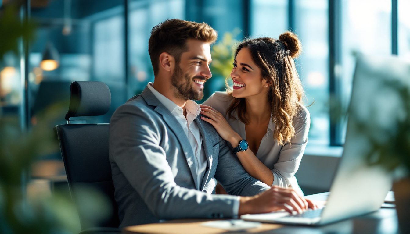 Workplace Attraction: How To Know If Your Female Coworker Has A Crush On You 37 Signs Of Workplace Attraction: A Female Coworker Subtly Flirts With A Male Colleague Through Body Language And Eye Contact In A Professional Setting.