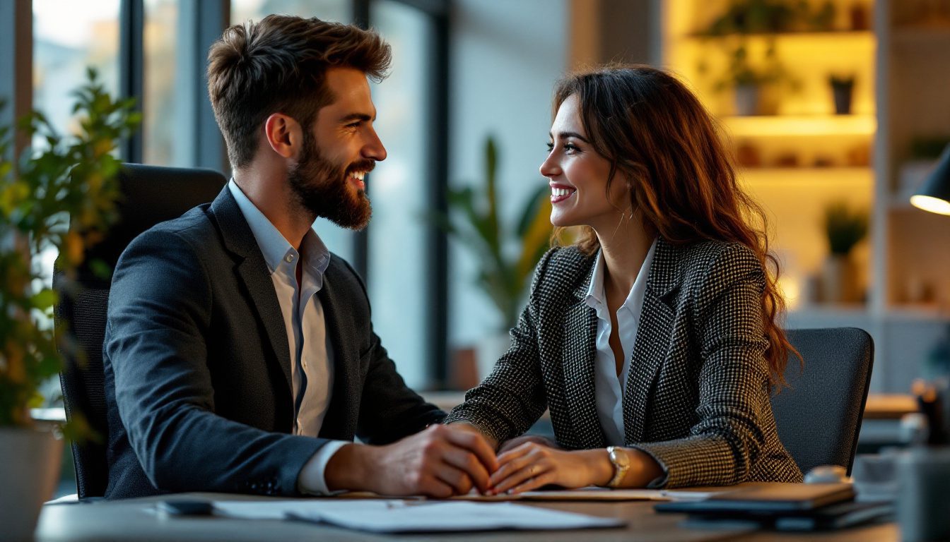Workplace Attraction: How To Know If Your Female Coworker Has A Crush On You 36 Signs Of Workplace Attraction: A Female Coworker Subtly Flirts With A Male Colleague Through Body Language And Eye Contact In A Professional Setting.