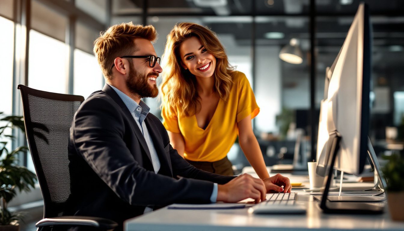 Workplace Attraction: How To Know If Your Female Coworker Has A Crush On You 35 Signs Of Workplace Attraction: A Female Coworker Subtly Flirts With A Male Colleague Through Body Language And Eye Contact In A Professional Setting.