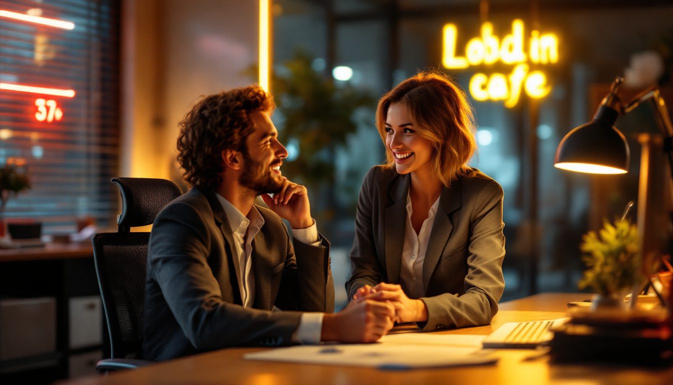 Workplace Attraction: How To Know If Your Female Coworker Has A Crush On You 33 Signs Of Workplace Attraction: A Female Coworker Subtly Flirts With A Male Colleague Through Body Language And Eye Contact In A Professional Setting.