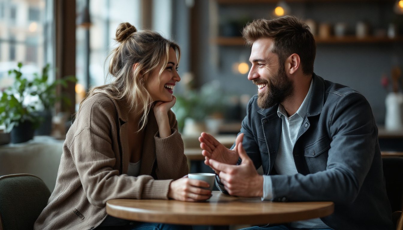 Unlocking Conversations: What Women Love To Discuss With Men 20 Unlocking Conversations: What Women Love To Discuss With Men: A Man And Woman Sharing An Engaging Conversation At A Café, Highlighting Emotional Connection And Attraction Through Discussion