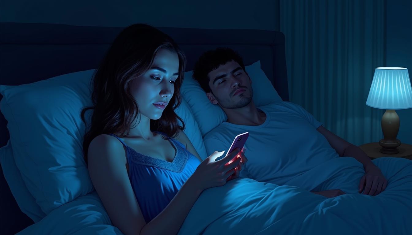 Does A Married Woman Have Feelings For You? Here’s How To Know 33 A Married Woman Texting Another Man While Her Husband Sleeps, Symbolizing Emotional Infidelity And Hidden Attraction