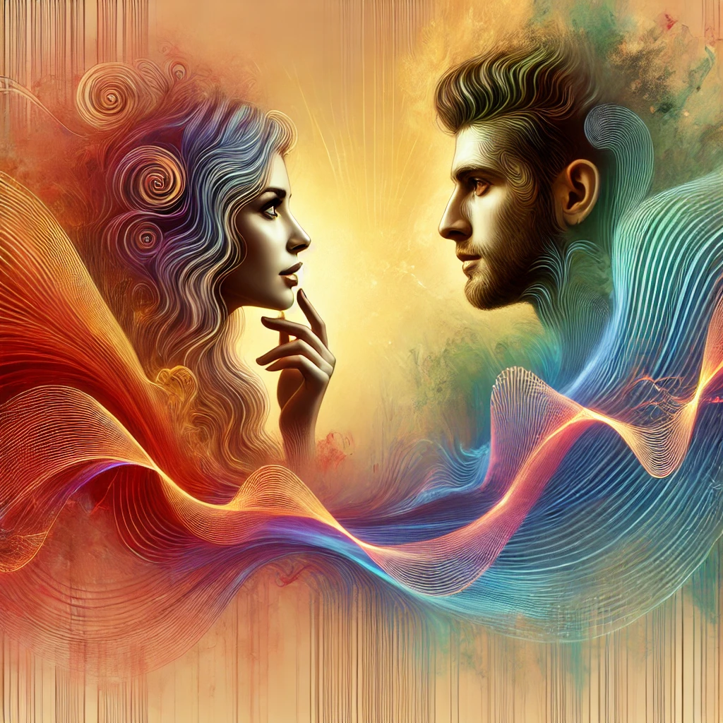 How To Spike A Woman’s Emotions And Make Her Crave You 40 A Captivating Digital Illustration Of A Man And Woman Engaged In An Intense Conversation, Surrounded By Abstract Waves Of Warm And Cool Colors, Symbolizing Fractionation And Emotional Rollercoasters.