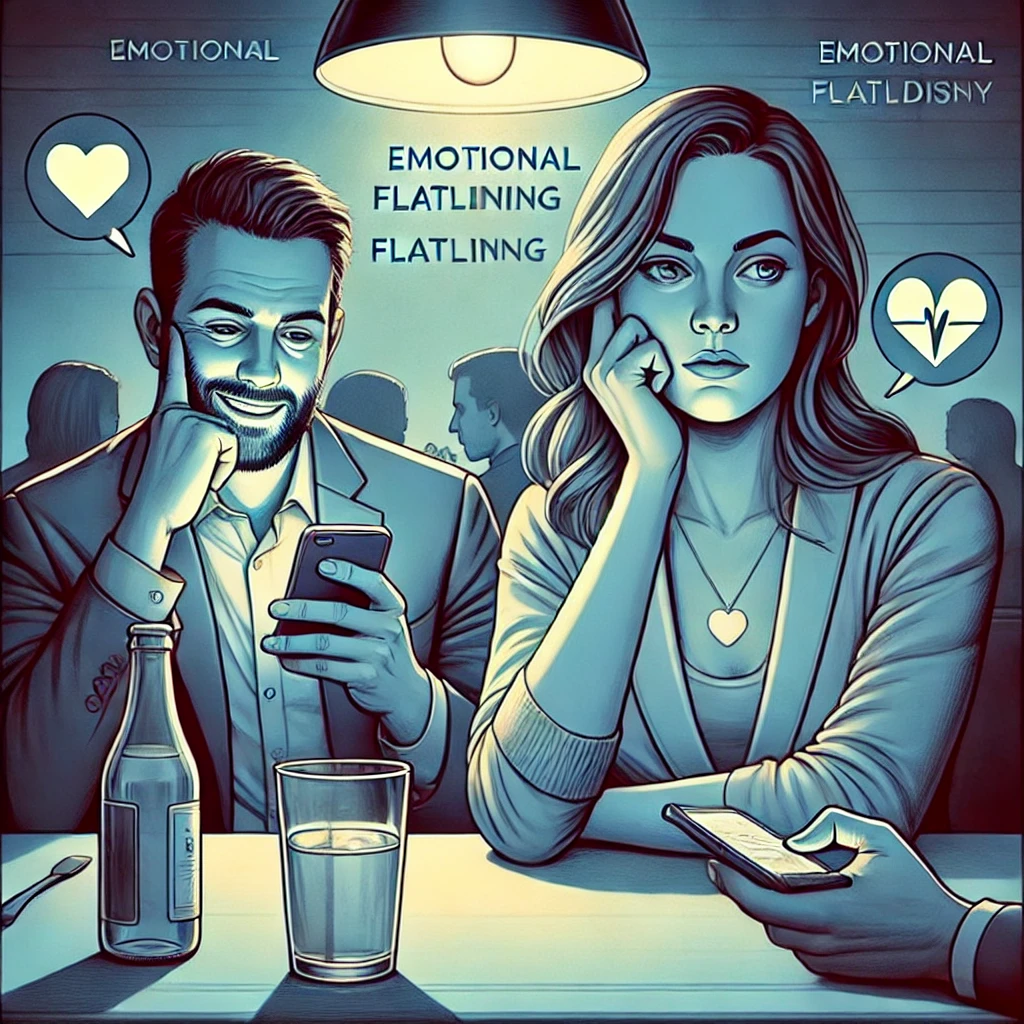 How To Spike A Woman’s Emotions And Make Her Crave You 42 A Thought-Provoking Digital Illustration Showing A Man And A Woman On A Date With An Awkward Atmosphere. The Woman Looks Bored, Checking Her Phone, Wh