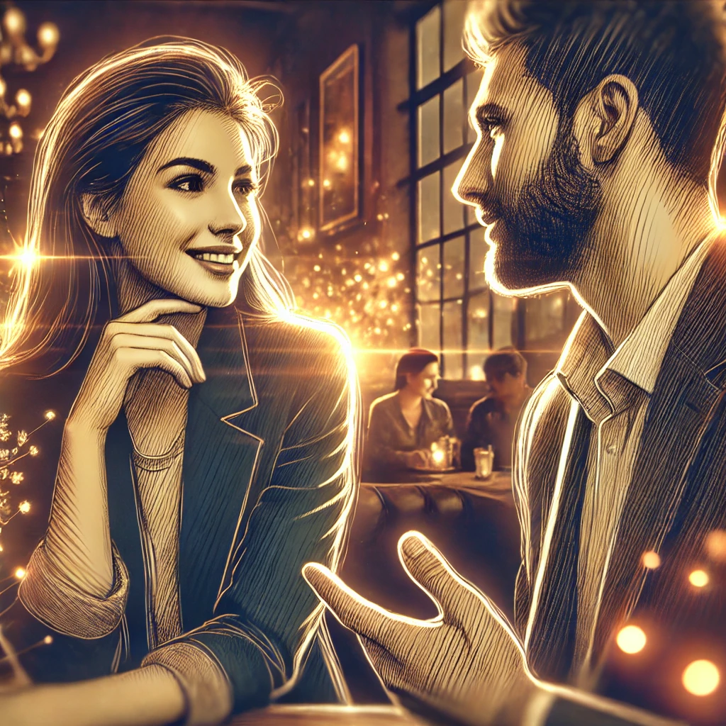 How To Spike A Woman’s Emotions And Make Her Crave You 39 A Visually Engaging Digital Illustration Of A Man And Woman In Deep Conversation At A Dimly Lit Café, With Golden Light Symbolizing Emotional Highs And Attraction.