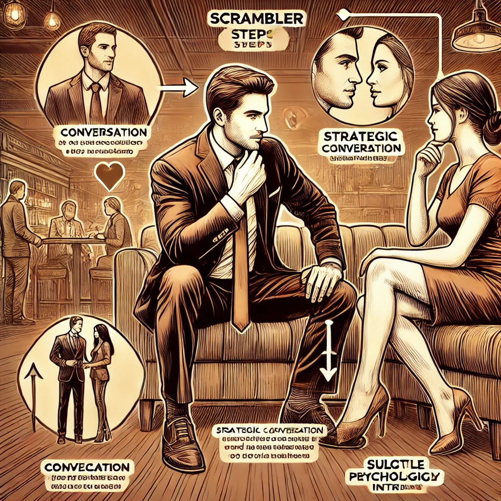 What Is The Scrambler Dating Technique? How To Make Her Obsessed 24 Illustration Of A Confident Man Demonstrating The Scrambler Dating Technique With Strategic Conversation And Body Language In An Intimate Setting, Structured As A Step-By-Step Guide