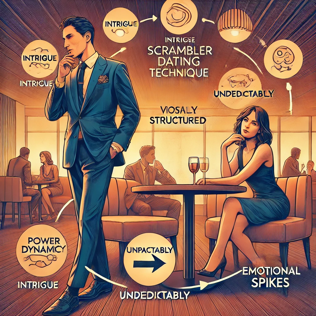 What Is The Scrambler Dating Technique? How To Make Her Obsessed 23 Illustration Of The Scrambler Dating Technique Phases, Showing A Confident Man Shifting The Power Dynamic With A Woman Using Intrigue, Unpredictability, And Emotional Spikes.