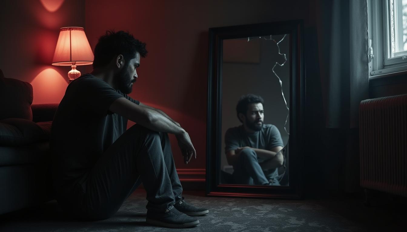 The Dark Psychology Behind The Red Pill: What You Need To Know 32 How Red Pill Thinking Affects Mental Health—Illustration Of A Lonely Man Staring At A Broken Mirror, Symbolizing Emotional Suppression And Isolation