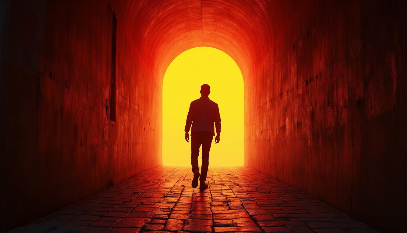 The Dark Psychology Behind The Red Pill: What You Need To Know 33 Breaking Free From The Dark Psychology Behind The Red Pill—Illustration Of A Man Stepping Into The Light, Symbolizing Personal Growth And Emotional Intelligence.