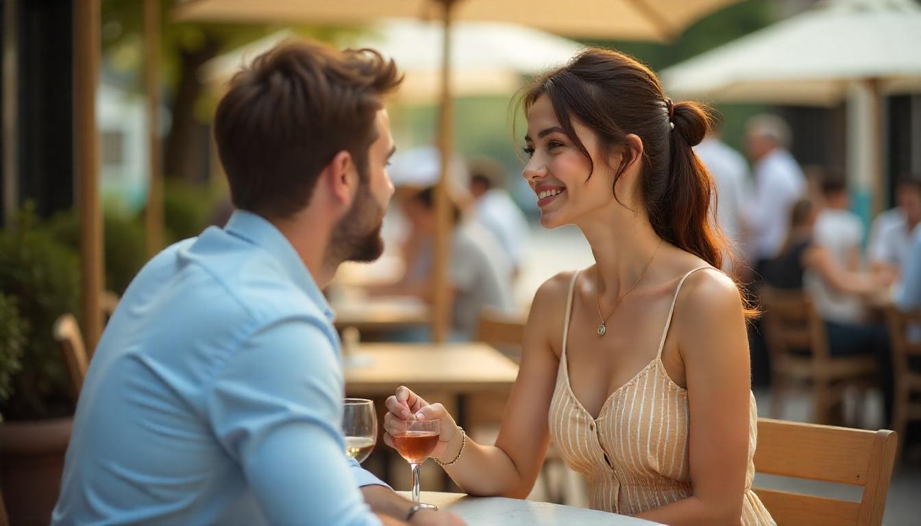Developing Positive Masculinity: How To Lead, Inspire &Amp; Succeed With Women 39 A Brunette Caucasian Girlfriend In A Summer Dress, Sitting At An Outdoor Cafe With Her Boyfriend, Watches A Waiter Walk By.