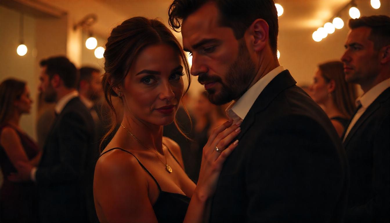Developing Positive Masculinity: How To Lead, Inspire &Amp; Succeed With Women 40 A Woman In A Seductive Dress Lightly Touching Another Man’s Arm At A Party While Glancing Toward The Viewer. The Main Guy Viewer’s Pov Watches From A Distance With A Calm, Unreadable Face. Warm Tones With Social Atmosphere And Implied Tension.