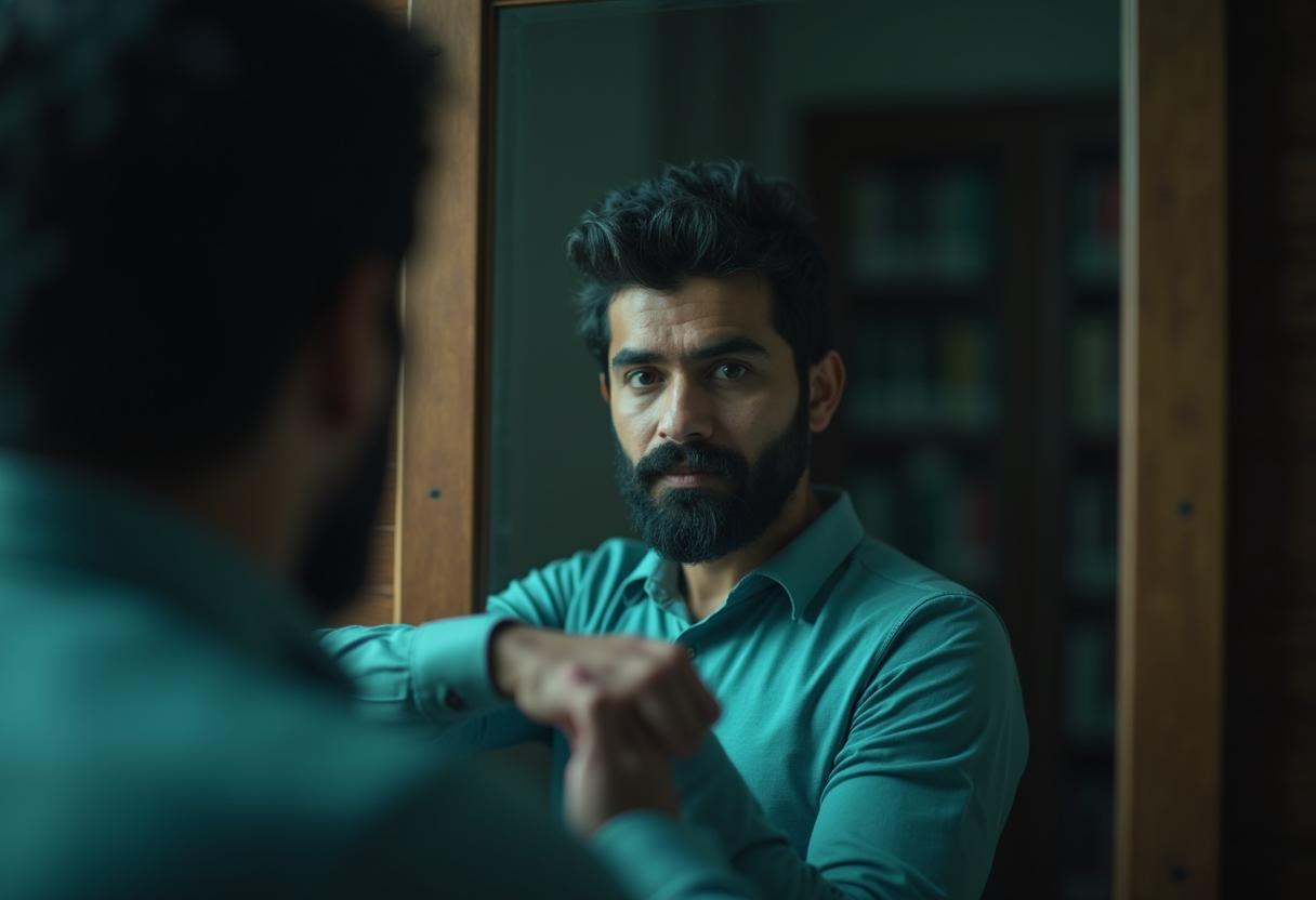 How To Use Nlp Anchors To Instantly Shift Into Seduction Mode 10 Close-Up Of Man Touching His Wrist While Making Eye Contact In Mirror, Representing Nlp Anchor Trigger, Background Blur, Psychological Focus, Cinematic Composition, Moody Color Palette.