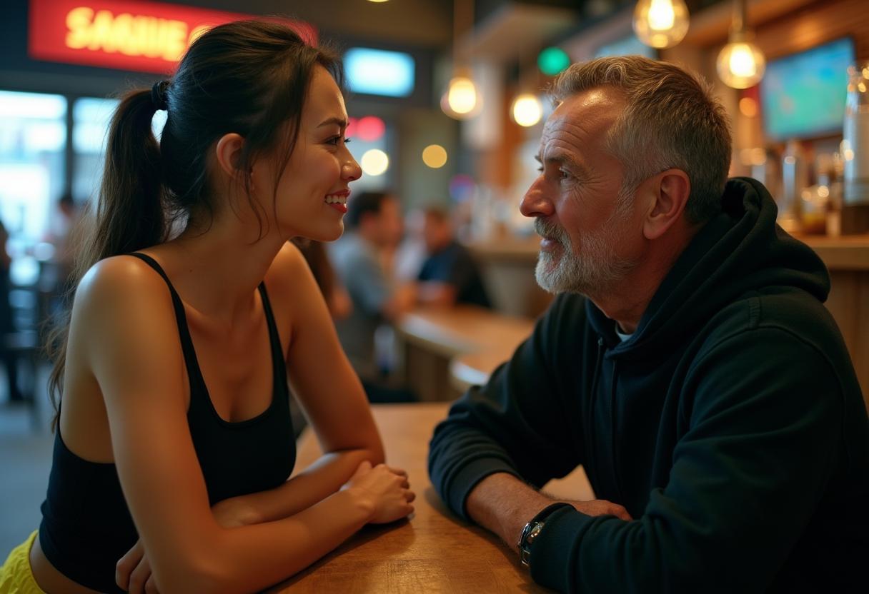 How To Use Nlp Anchors To Instantly Shift Into Seduction Mode 11 A Sexy Hot Female Asian Model In Bright Shorts Looking Shy To A Portuguese White Man, Around 55 Years Old, With Short Brown Hair And Brown Eyes. He Is Wearing A Black Hoodie. The Are Speaking On Bar