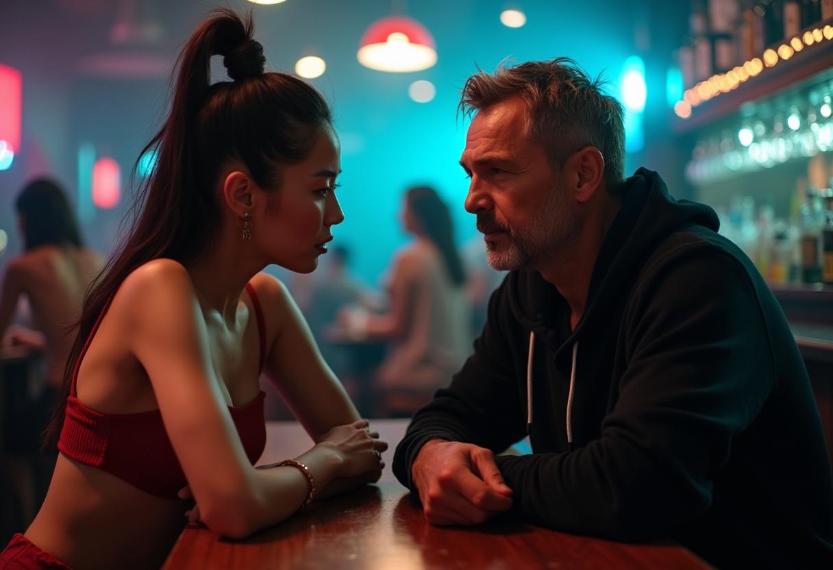 How To Use Nlp Anchors To Instantly Shift Into Seduction Mode 12 A Sexy Hot Female Asian Model In Bright Shorts Looking Shy To A Portuguese White Man, Around 55 Years Old, With Short Brown Hair And Brown Eyes. He Is Wearing A Black Hoodie. The Are Speaking On Bar