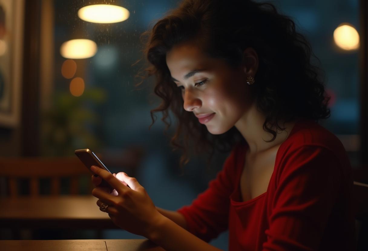How To Seduce A Married Woman Via Text Messages (Secrets Revealed) 8 Woman Reading A Message, Soft Lighting, Subtle Smile, Sense Of Forbidden Excitement, Cinematic Color Grading.