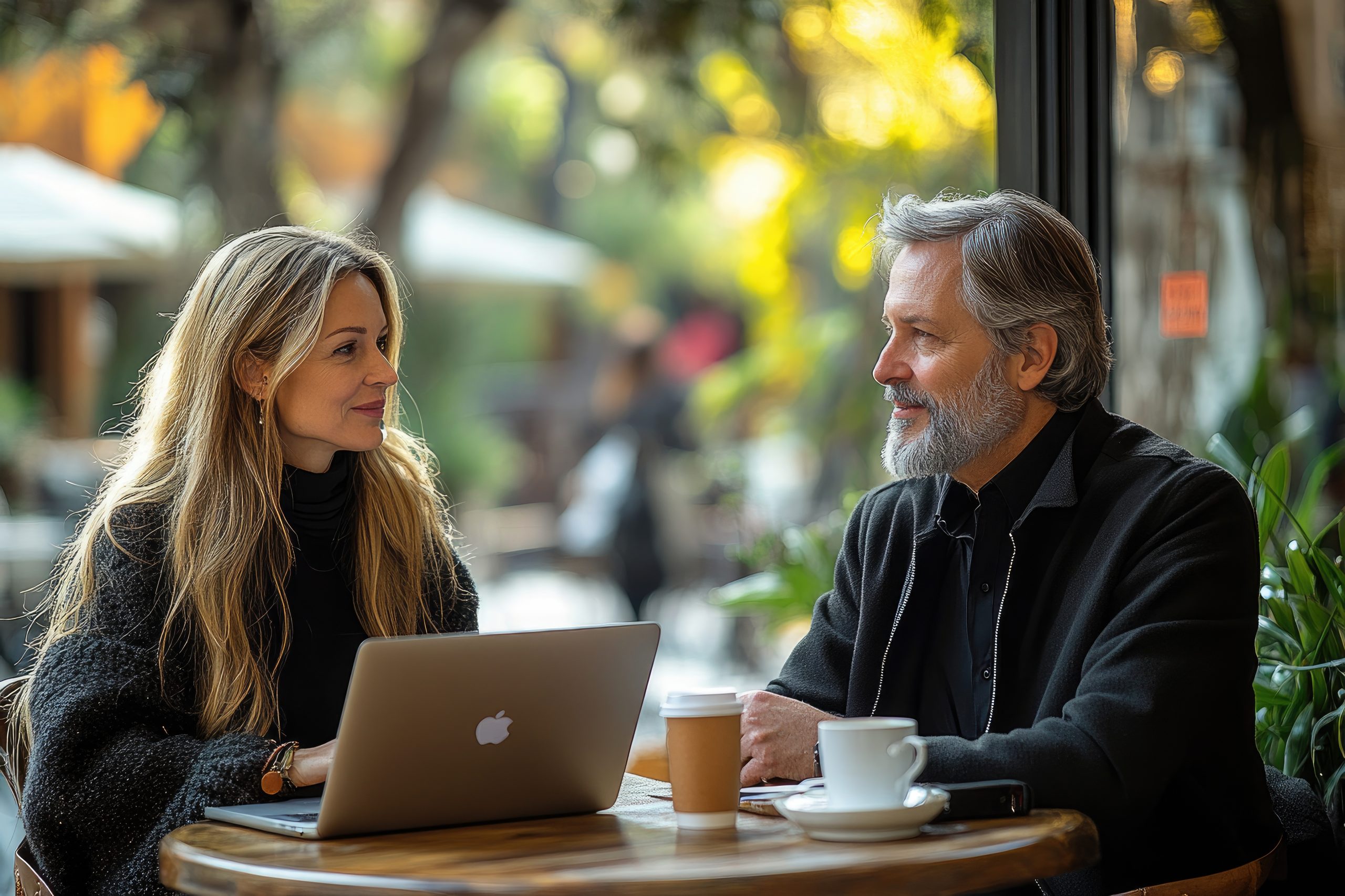 Dating A Younger Woman At Work: How To Navigate A Workplace Affair 36 Dating A Younger Woman At Work: Two Business Leaders Engaging In A Serious Conversation At A Stylish Cafe, Laptops And Coffee Cups On The Table, With Natural Light Streaming Through Large