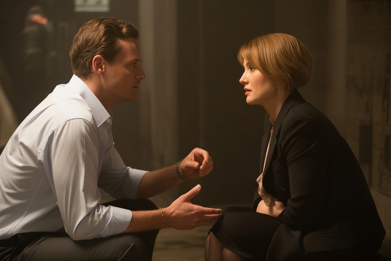 What Women Say Vs. What They Actually Mean — The Translation Guide Every Man Needs 37 Cinematic Composition Of Man And Woman In Conversation, Subdued Lighting, Tension And Curiosity Visible, Subtle Emotional Charge, Editorial Realism.