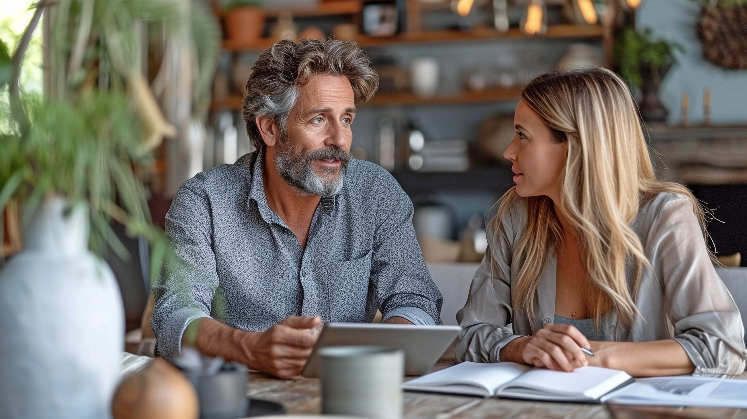 Dating A Younger Woman At Work: How To Navigate A Workplace Affair 35 Dating A Younger Woman At Work: An Interior Designer Consults With A Couple In The Dining Room Using A Digital Tablet.