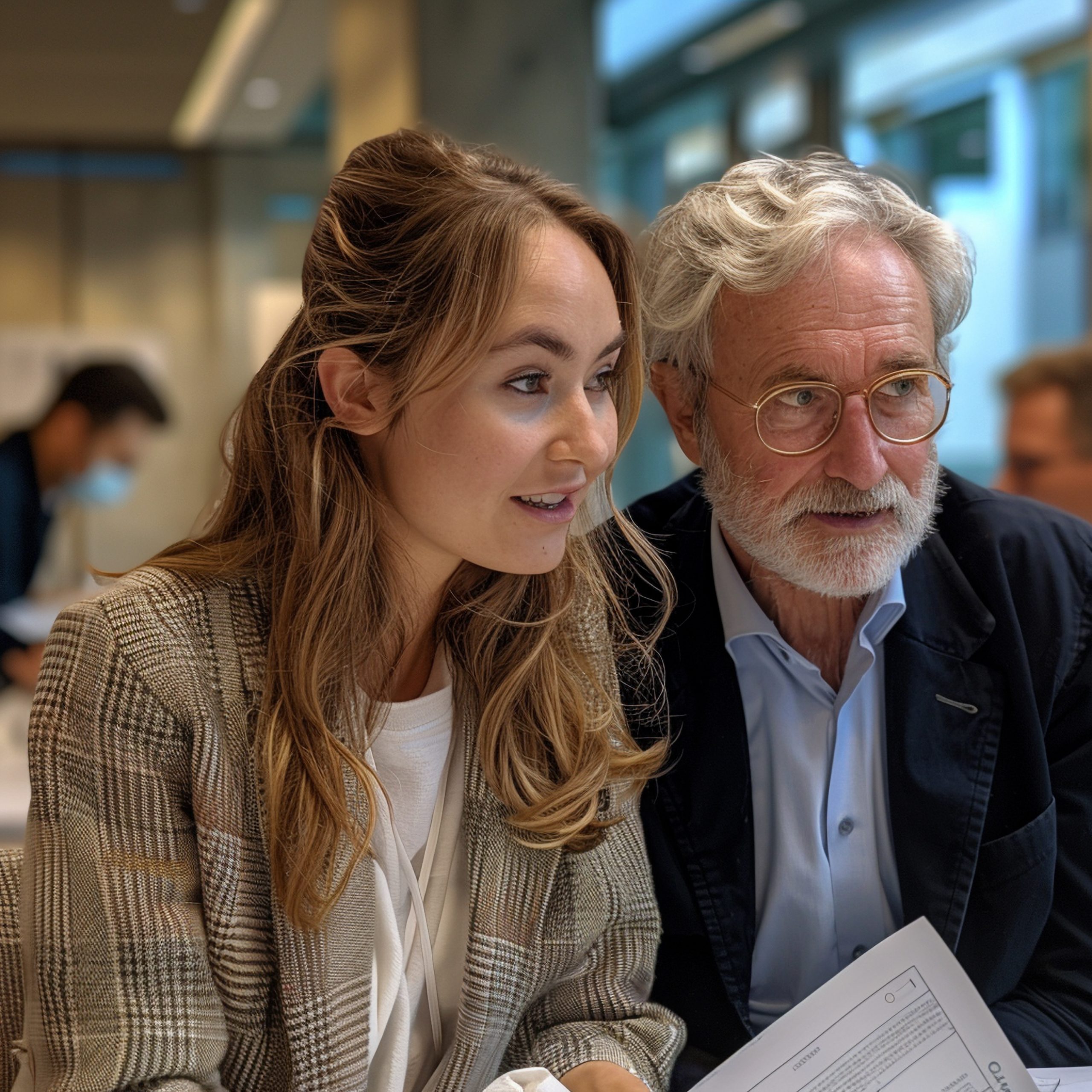 Dating A Younger Woman At Work: How To Navigate A Workplace Affair 38 Dating A Younger Woman At Work: A Woman And A Man Are Sitting At A Table Looking At Papers. The Woman Is Wearing A Plaid Jacket And The Man Is Wearing Glasses