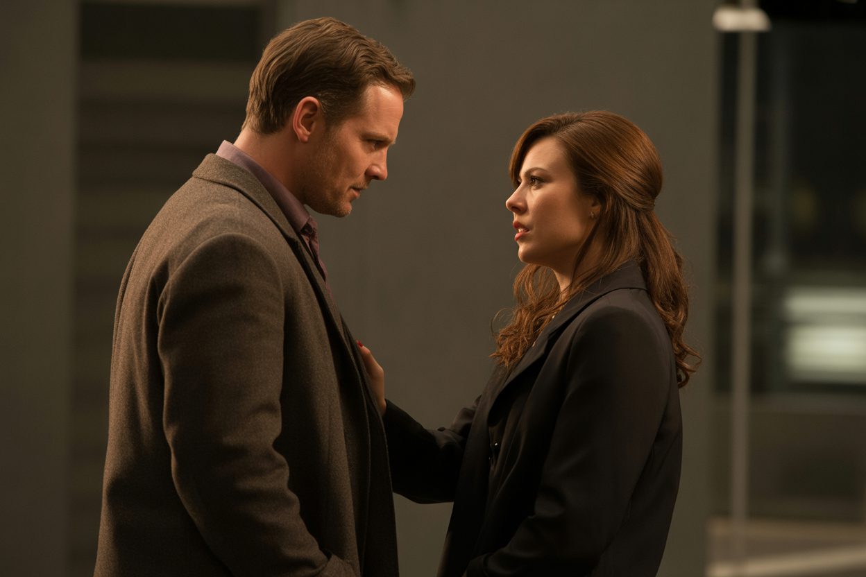 Cinematic composition of man and woman in conversation, subdued lighting, tension and curiosity visible, subtle emotional charge, editorial realism.